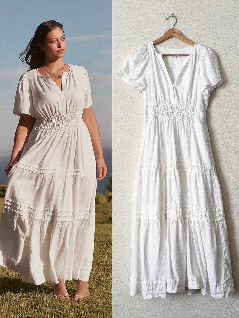 Anthropologie SMALL The Somerset linen blend tiered maxi dress in white